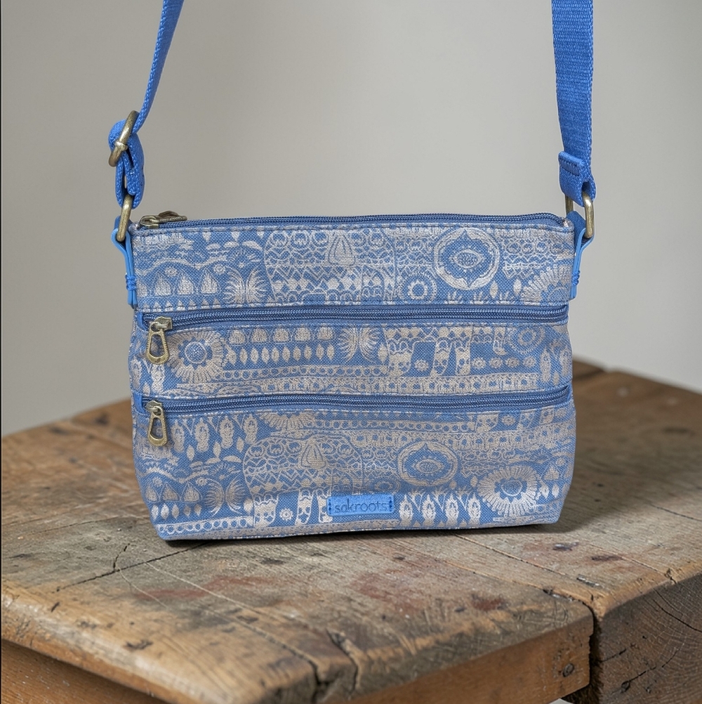 Sakroots Blue Elephant Print‎ Crossbody Bag Boho Canvas Multi Zip Purse
